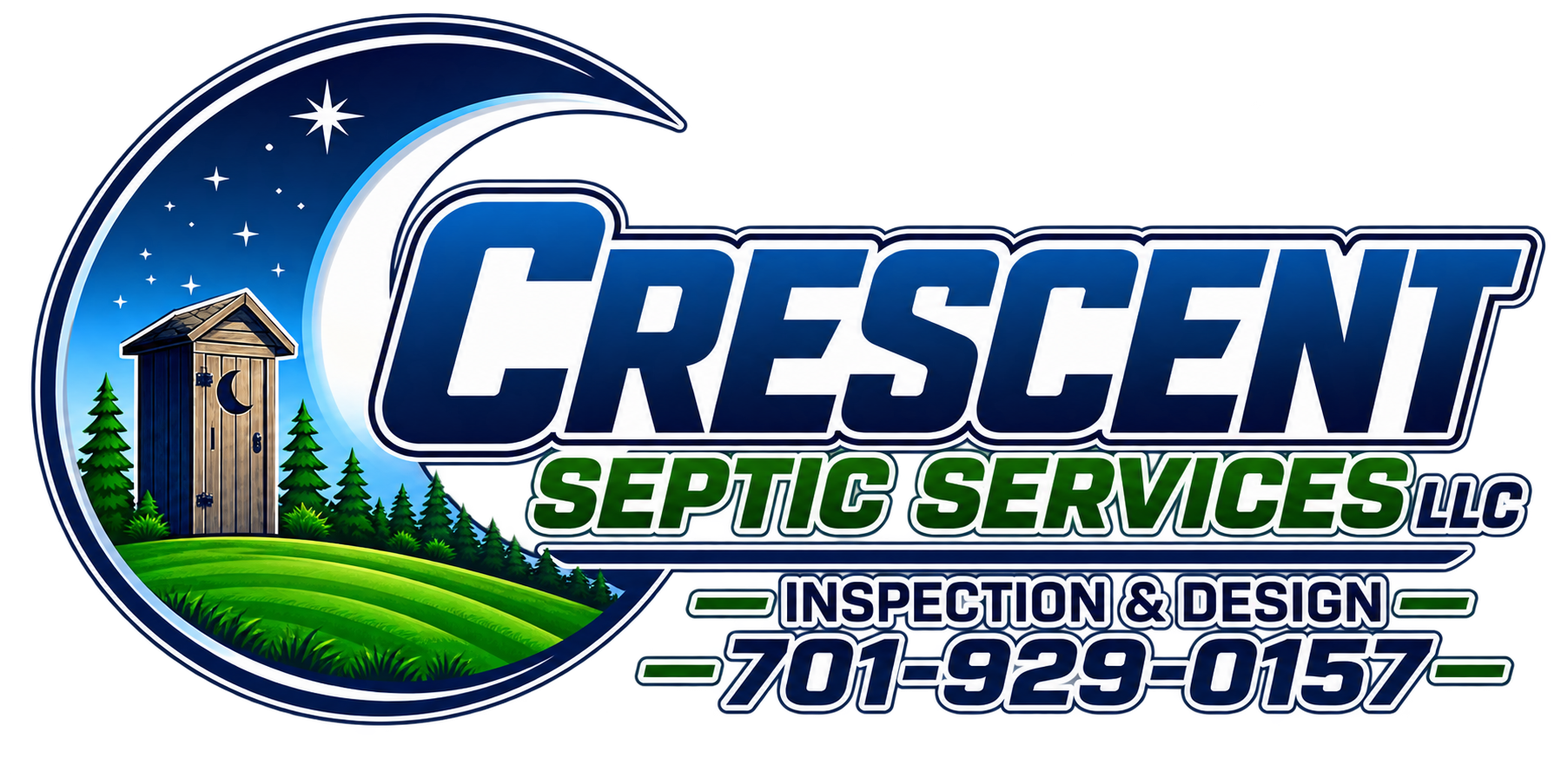 Crescent Septic Services LLC logo — crescent moon with night sky, outhouse and pines