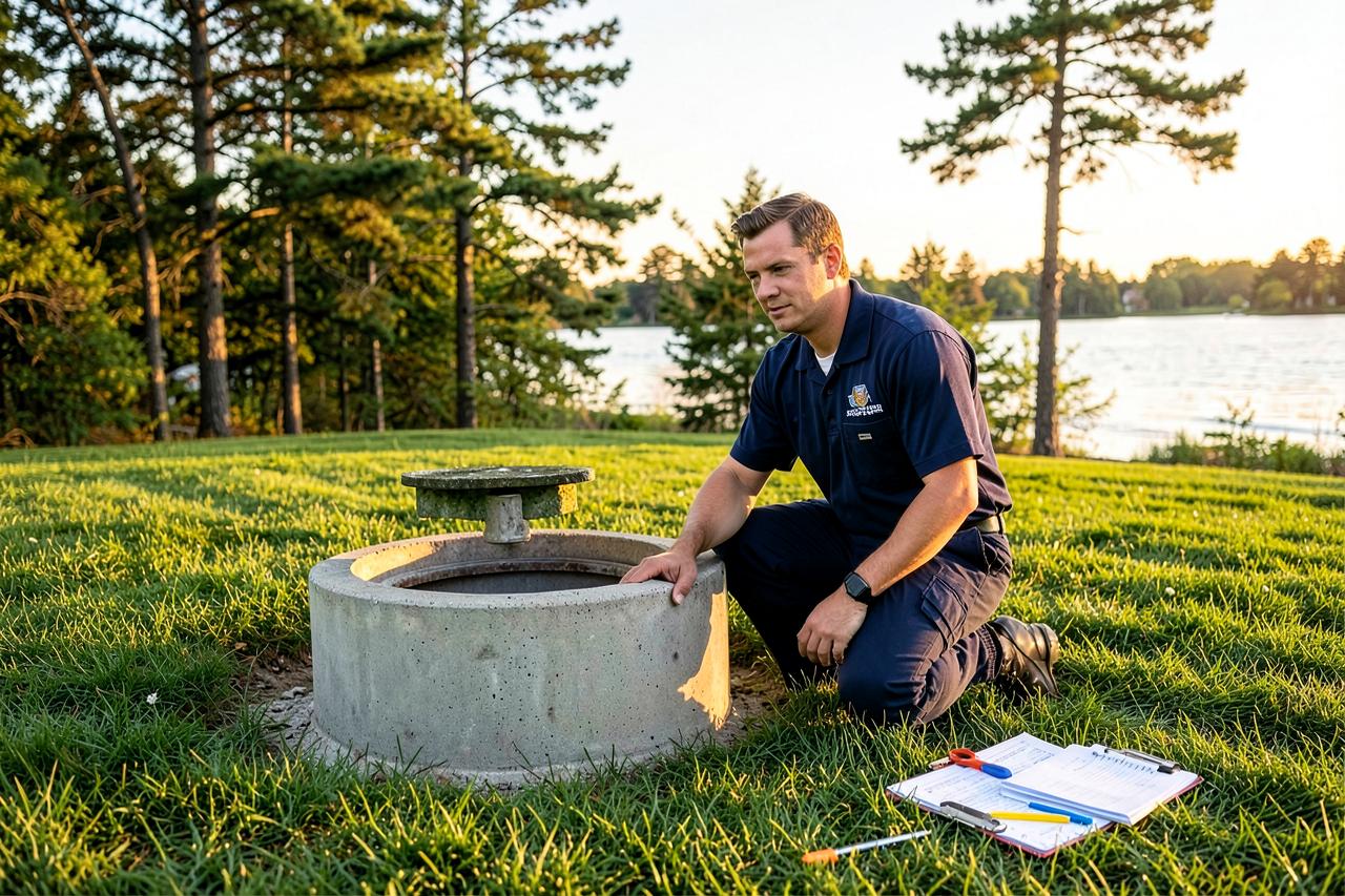 Septic inspector examining an open septic tank riser at a lakeside Minnesota property